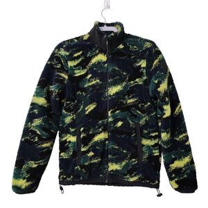American Eagle Women Full-Zip Sherpa Fleece Jacket Black Green Yellow Camo Sz XS